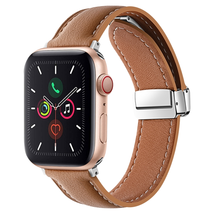 

Folding Buckle Genuine Leather Watch Band For Apple Watch Ultra 49mm / Series 8&7 45mm / SE 2&6&SE&5&4 44mm / 3&2&1 42mm(Brown)