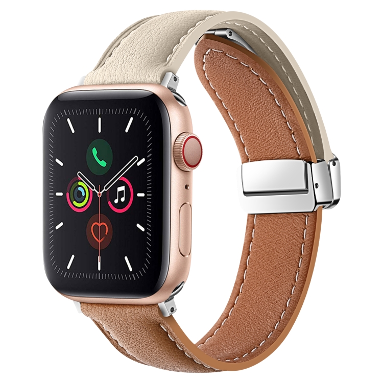 

Folding Buckle Genuine Leather Watch Band For Apple Watch Series 8&7 41mm / SE 2&6&SE&5&4 40mm / 3&2&1 38mm(White + Brown)