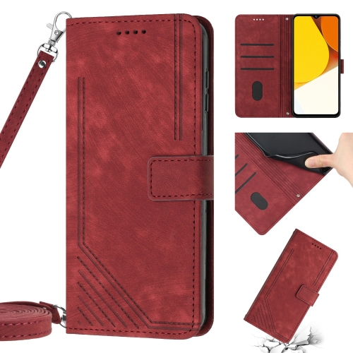 

For vivo Y15s / Y15a / Y01 Skin Feel Stripe Pattern Leather Phone Case with Lanyard(Red)