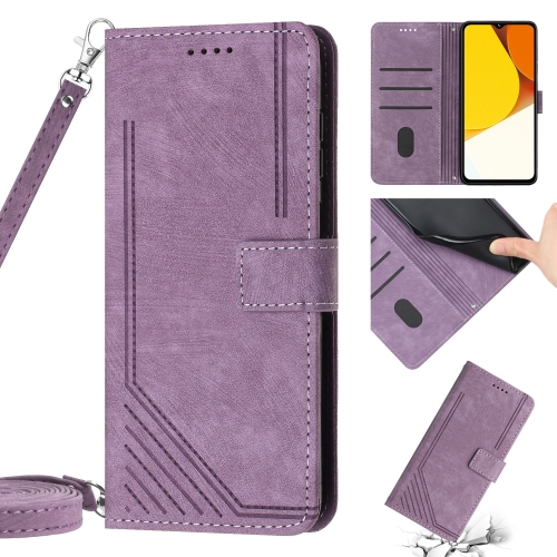 

For vivo Y17 / Y15 / Y12 / U10 / Y11 / Y3 Skin Feel Stripe Pattern Leather Phone Case with Lanyard(Purple)