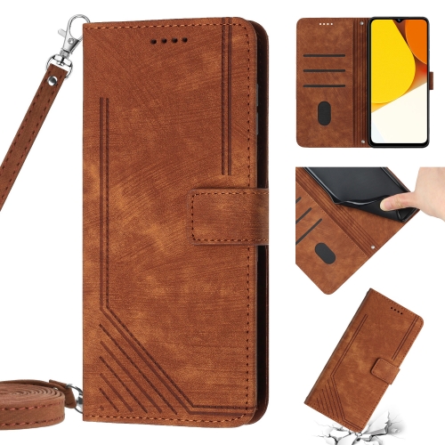 

For vivo Y33s / Y21 2021 / Y21s Skin Feel Stripe Pattern Leather Phone Case with Lanyard(Brown)