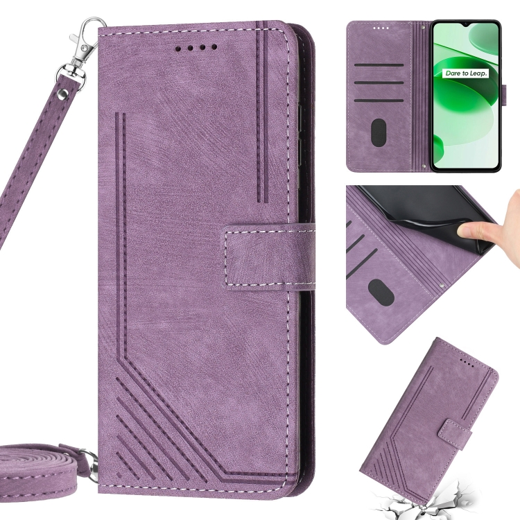 

For Realme 8 / 8 Pro Skin Feel Stripe Pattern Leather Phone Case with Lanyard(Purple)