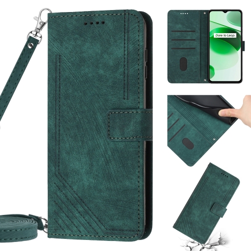 

For Realme 9i / OPPO A36 / A76 / A96 4G / K10 4G Skin Feel Stripe Pattern Leather Phone Case with Lanyard(Green)