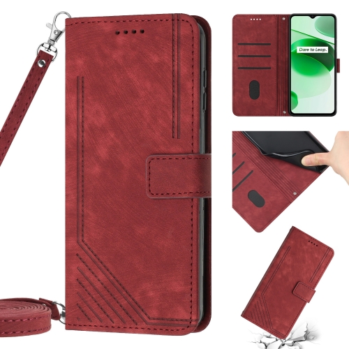 

Skin Feel Stripe Pattern Leather Phone Case with Lanyard for Realme C12 / C15 / C25 / C25s / 7i Global / Narzo 20 / Narzo 30A(Red)