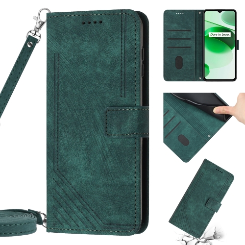 

For For Realme C30 4G Skin Feel Stripe Pattern Leather Phone Case with Lanyard(Green)