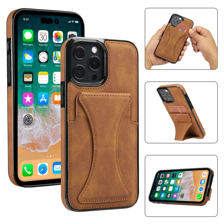 

For iPhone 14 Pro Ultra-thin Shockproof Phone Protective Case with Holder(Brown)