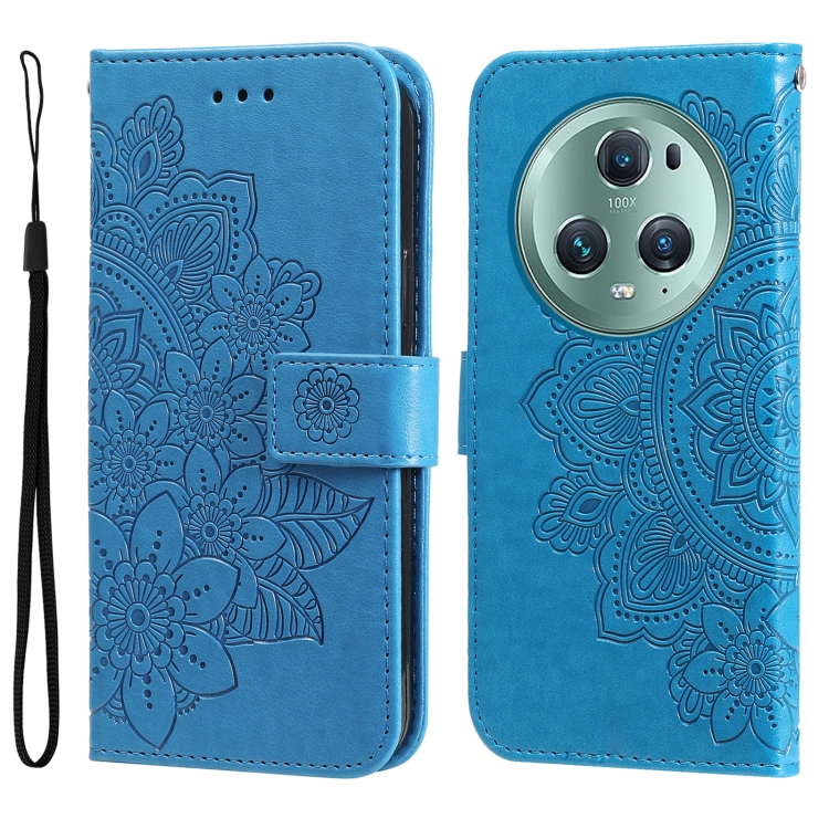 

For Honor Magic5 Pro 7-petal Flowers Embossing Leather Phone Case(Blue)
