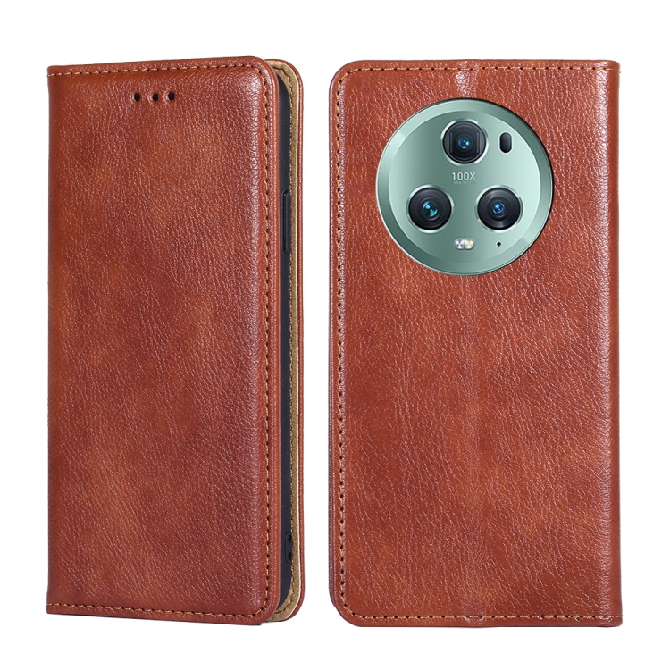 

For Honor Magic5 Pro Gloss Oil Solid Color Magnetic Leather Phone Case(Brown)