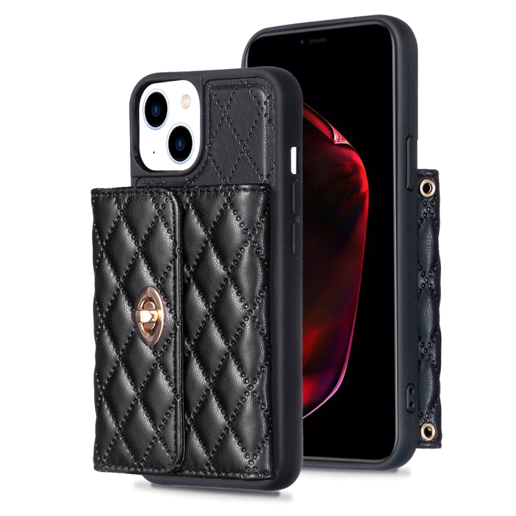 

For iPhone 14 Plus Horizontal Metal Buckle Wallet Rhombic Leather Phone Case(Black)