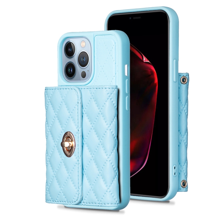 

For iPhone 13 Pro Horizontal Metal Buckle Wallet Rhombic Leather Phone Case(Blue)