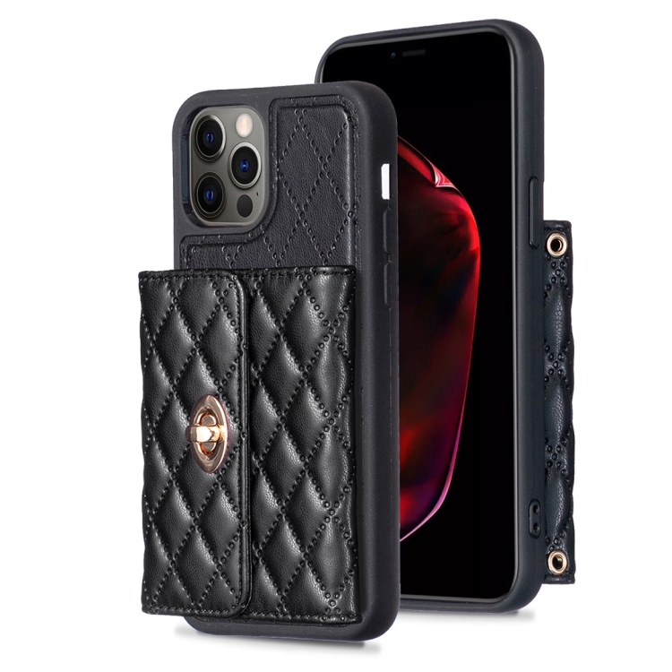 

For iPhone 12 / 12 Pro Horizontal Metal Buckle Wallet Rhombic Leather Phone Case(Black)