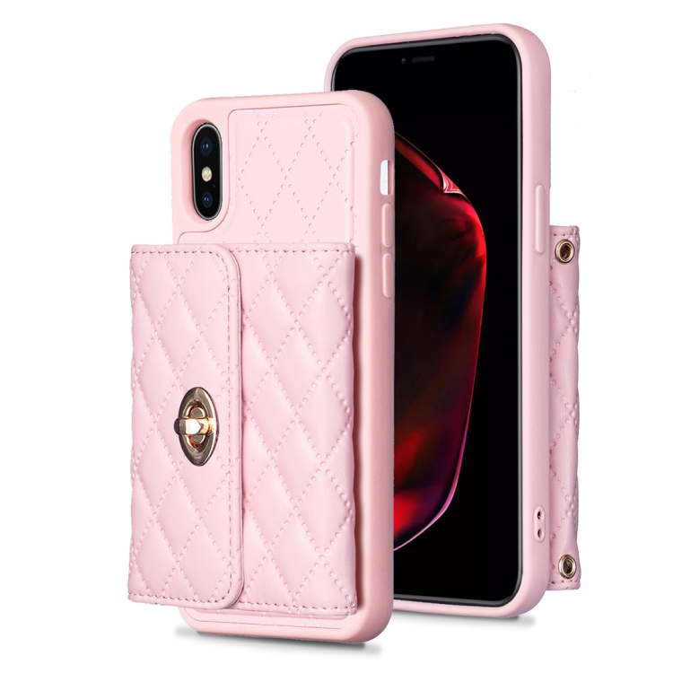 

For iPhone X / XS Horizontal Metal Buckle Wallet Rhombic Leather Phone Case(Pink)