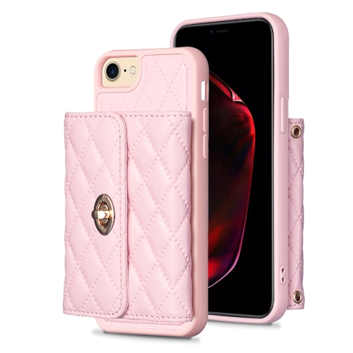 

For iPhone SE 2022 / 2020 / 8 / 7 Horizontal Metal Buckle Wallet Rhombic Leather Phone Case(Pink)