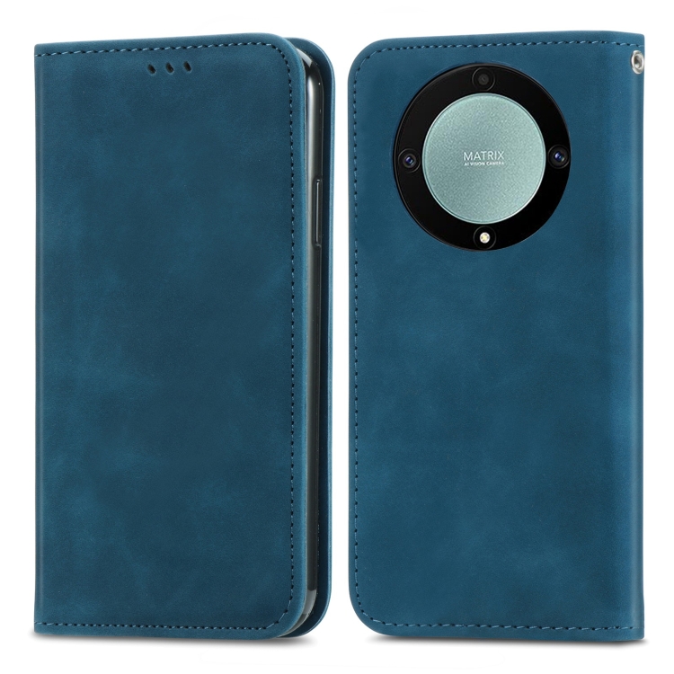 

For Honor Magic5 Lite Retro Skin Feel Magnetic Leather Phone Case(Blue)