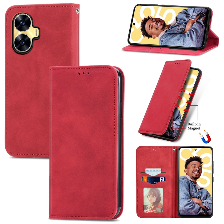 

For Realme C55 Retro Skin Feel Magnetic Leather Phone Case(Red)