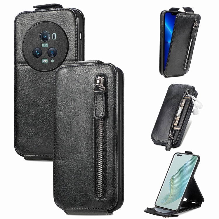 

For Honor Magic5 Pro Zipper Wallet Vertical Flip Leather Phone Case(Black)