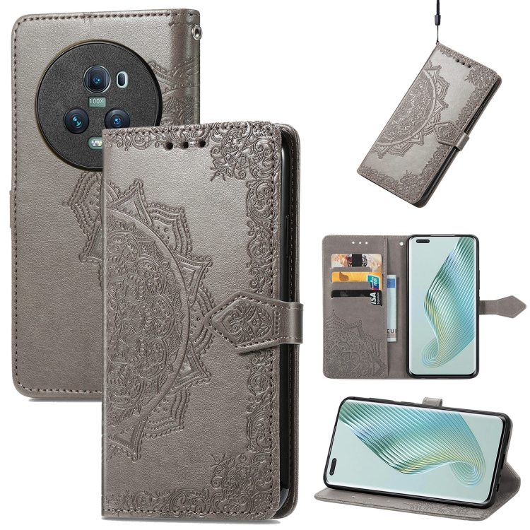 

For Honor Magic5 Pro Mandala Flower Embossed Leather Phone Case(Grey)
