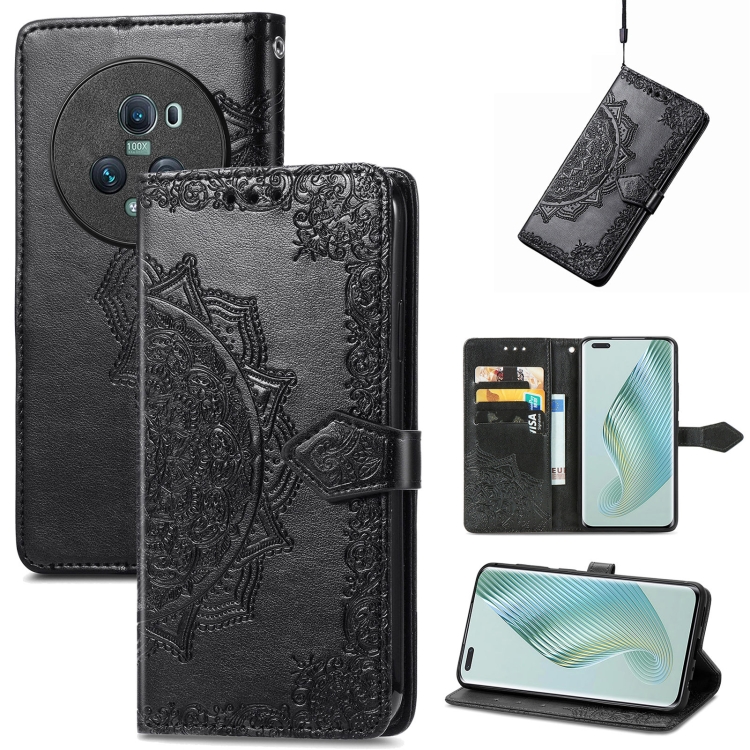 

For Honor Magic5 Pro Mandala Flower Embossed Leather Phone Case(Black)