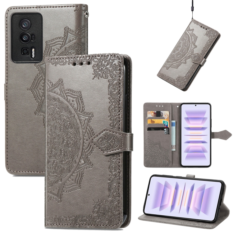 

For Xiaomi Redmi K60 Pro Mandala Flower Embossed Leather Phone Case(Grey)