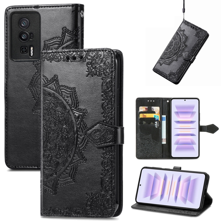 

For Xiaomi Redmi K60 Pro Mandala Flower Embossed Leather Phone Case(Black)
