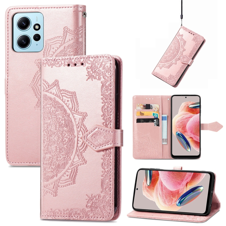 

For Xiaomi Redmi Note 12 4G Global Mandala Flower Embossed Leather Phone Case(Rose Gold)