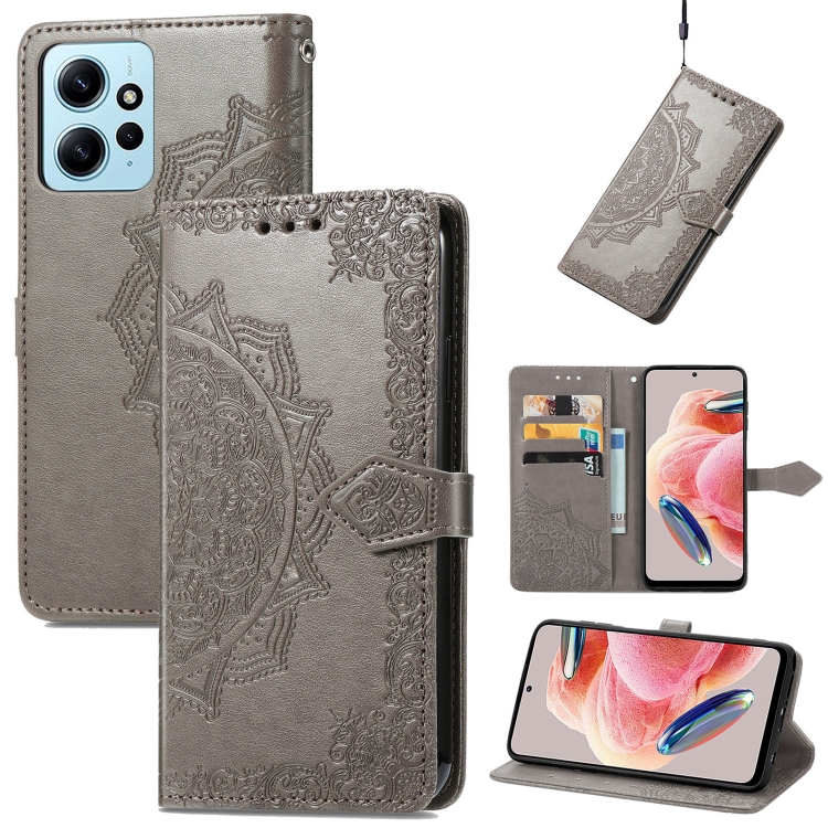 

For Xiaomi Redmi Note 12 4G Global Mandala Flower Embossed Leather Phone Case(Grey)