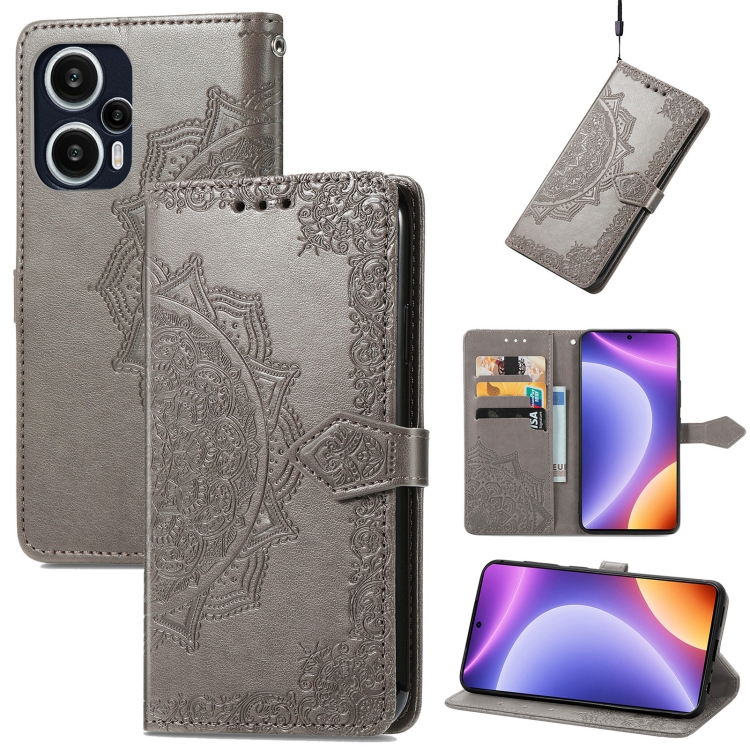 

For Xiaomi Redmi Note 12 Turbo Mandala Flower Embossed Leather Phone Case(Grey)