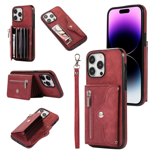 

For iPhone 14 Zipper RFID Card Slot Phone Case with Short Lanyard(Red)