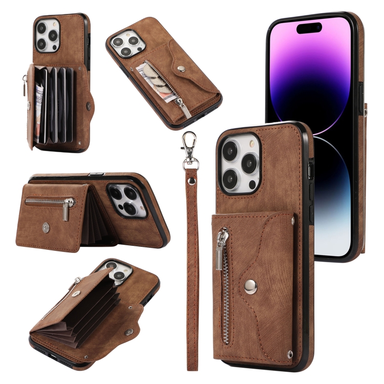 

For iPhone 14 Pro Max Zipper RFID Card Slot Phone Case with Short Lanyard(Brown)