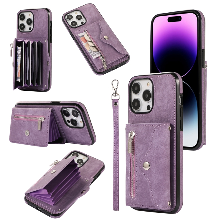 

For iPhone 13 Pro Zipper RFID Card Slot Phone Case with Short Lanyard(Purple)