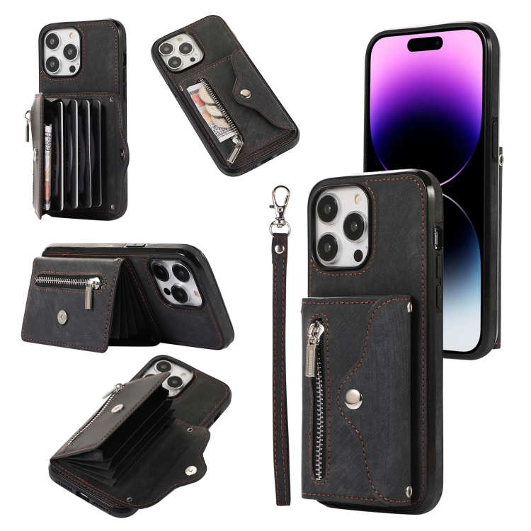 

For iPhone 11 Pro Zipper RFID Card Slot Phone Case with Short Lanyard(Black)