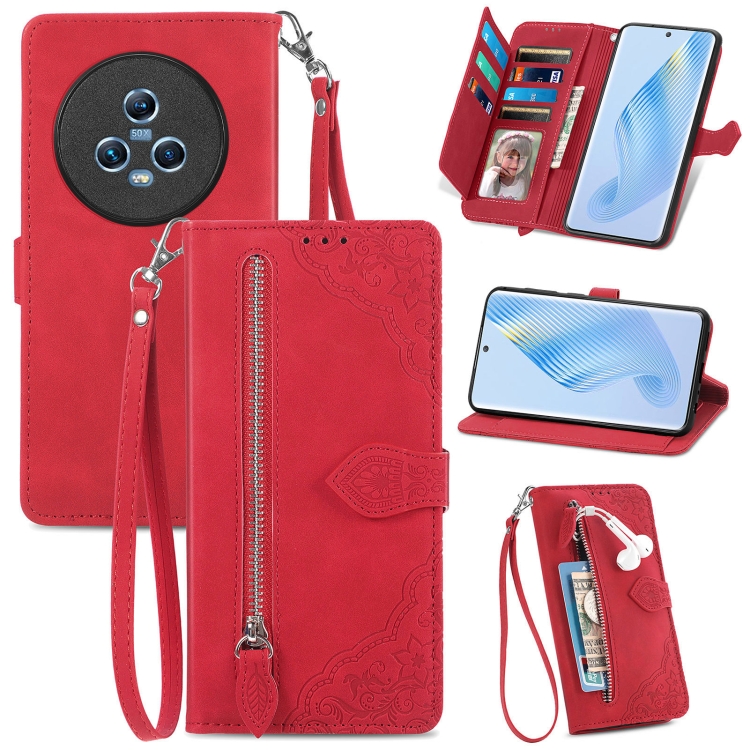 

For Honor Magic5 Embossed Flower Zipper Leather Phone Case(Red)