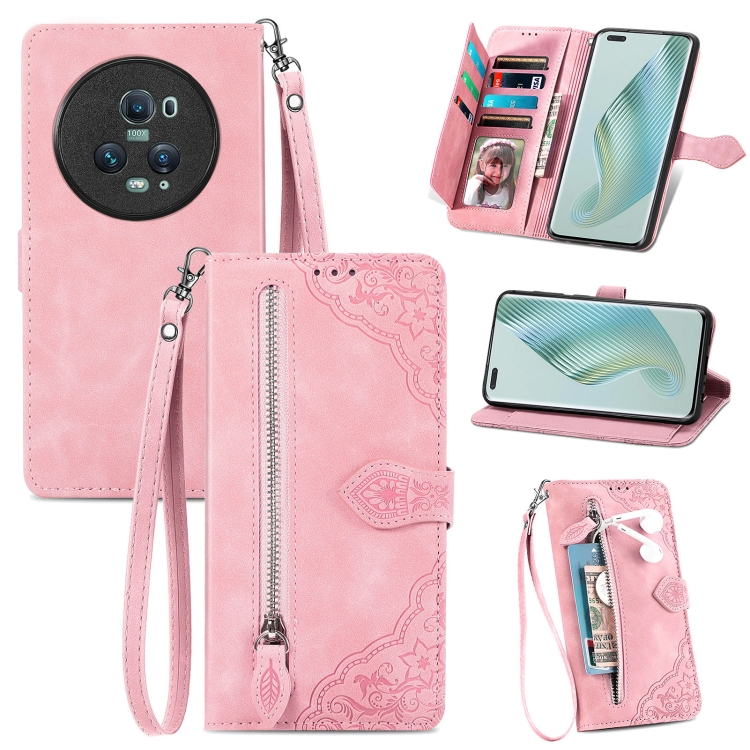 

For Honor Magic5 Pro Embossed Flower Zipper Leather Phone Case(Pink)