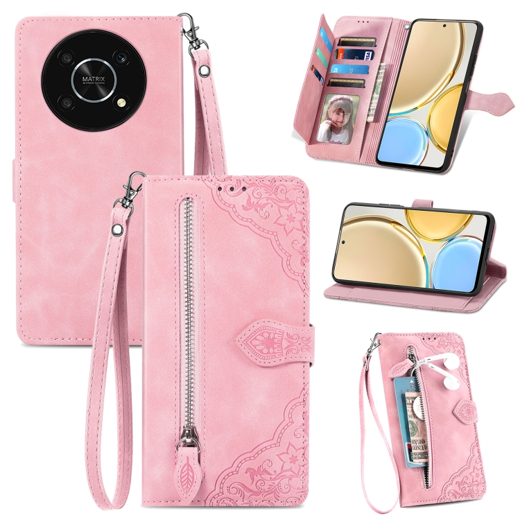 

For Honor X30 5G Embossed Flower Zipper Leather Phone Case(Pink)
