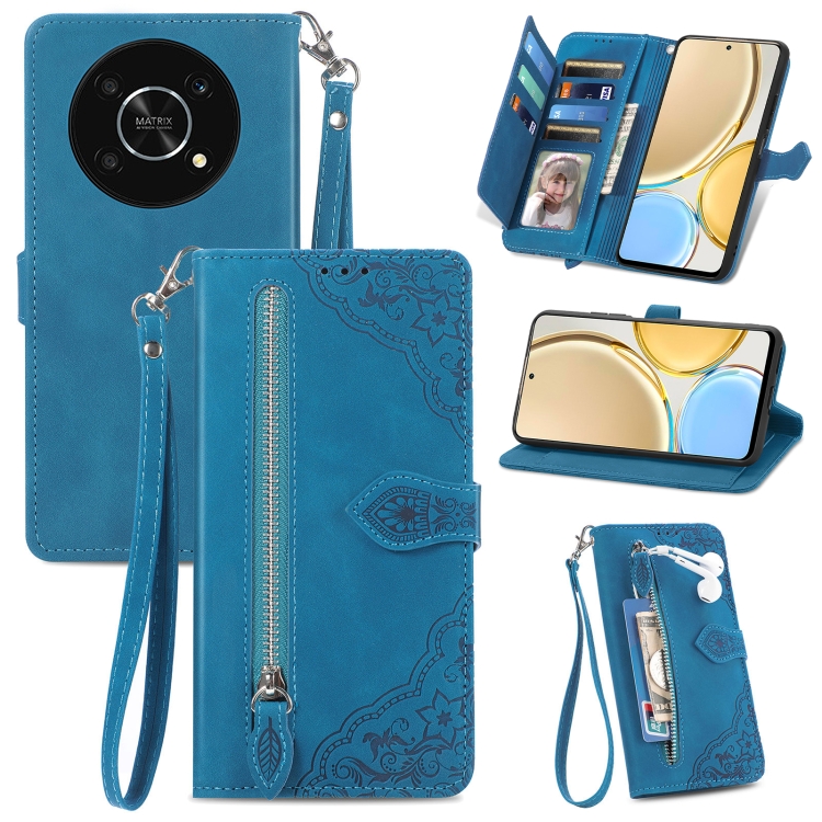 

For Honor X30 5G Embossed Flower Zipper Leather Phone Case(Blue)