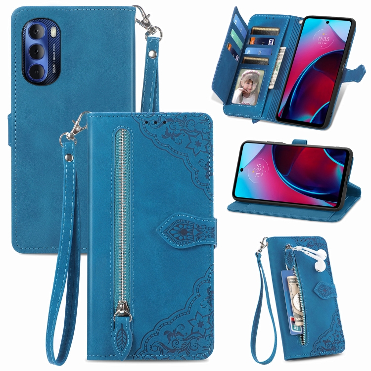

For Motorola Moto G Stylus 2022 Embossed Flower Zipper Leather Phone Case(Blue)