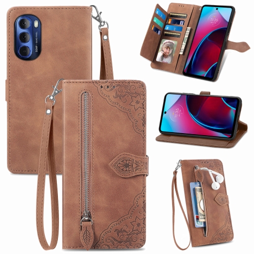 

For Motorola Moto G Stylus 2022 Embossed Flower Zipper Leather Phone Case(Brown)