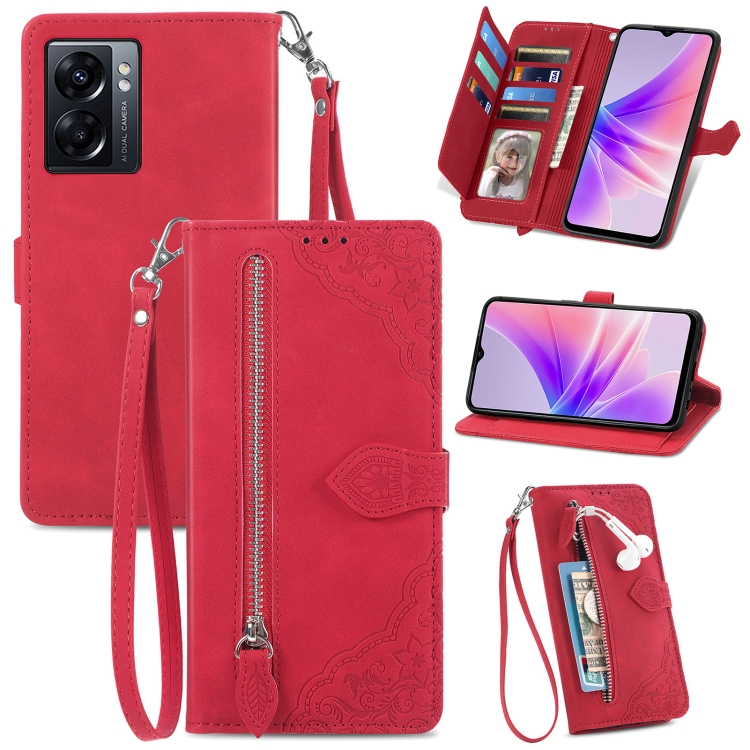 

For OPPO A77 Embossed Flower Zipper Leather Phone Case(Red)