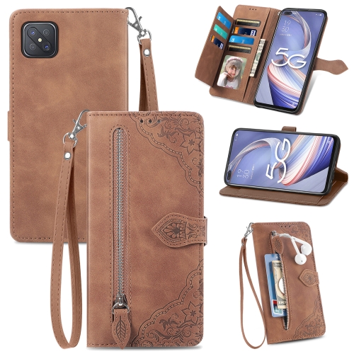 

For OPPO Reno4 Z 5G Embossed Flower Zipper Leather Phone Case(Brown)