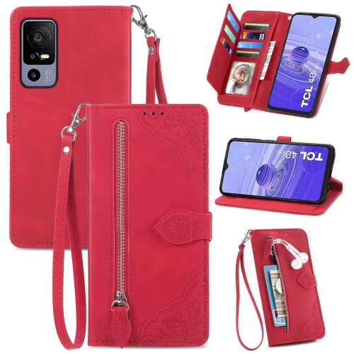 

For TCL 40R Embossed Flower Zipper Leather Phone Case(Red)