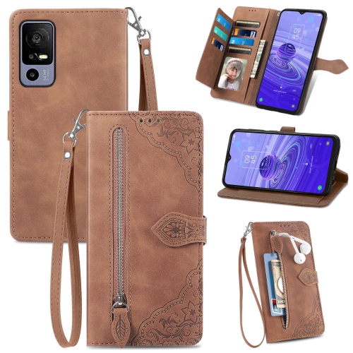 

For TCL 40R Embossed Flower Zipper Leather Phone Case(Brown)