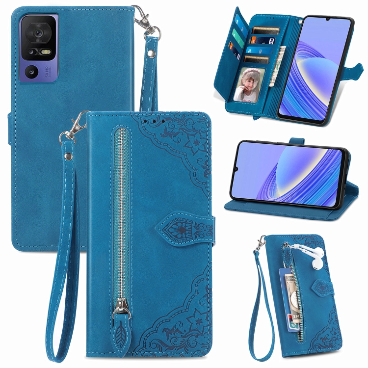 

For TCL 40 SE Embossed Flower Zipper Leather Phone Case(Blue)