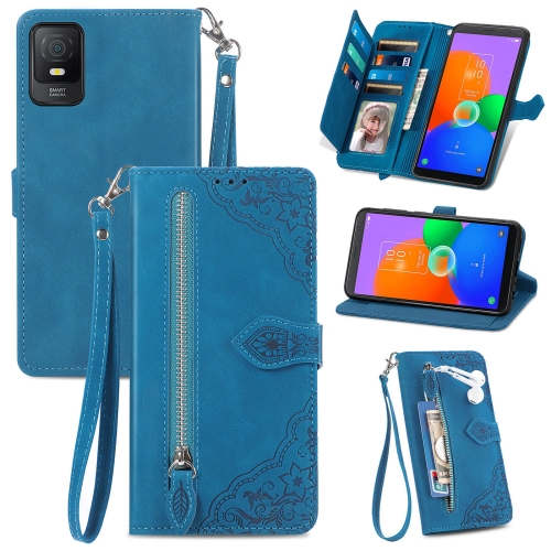 

For TCL 403 Embossed Flower Zipper Leather Phone Case(Blue)