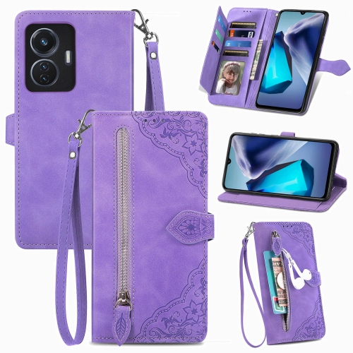 

For vivo T1 Embossed Flower Zipper Leather Phone Case(Purple)