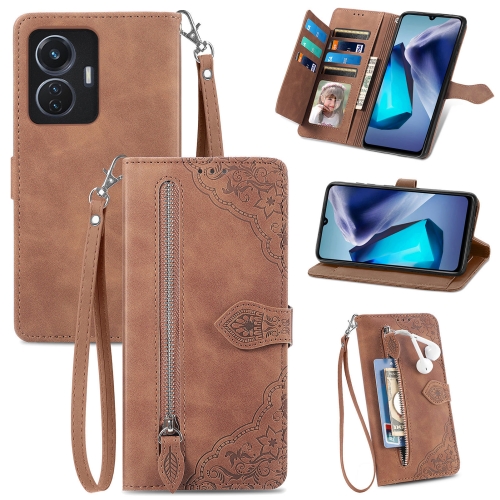 

For vivo T1 Embossed Flower Zipper Leather Phone Case(Brown)