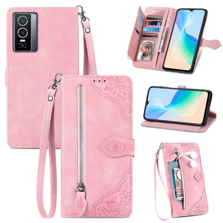 

For vivo Y76 5G Embossed Flower Zipper Leather Phone Case(Pink)