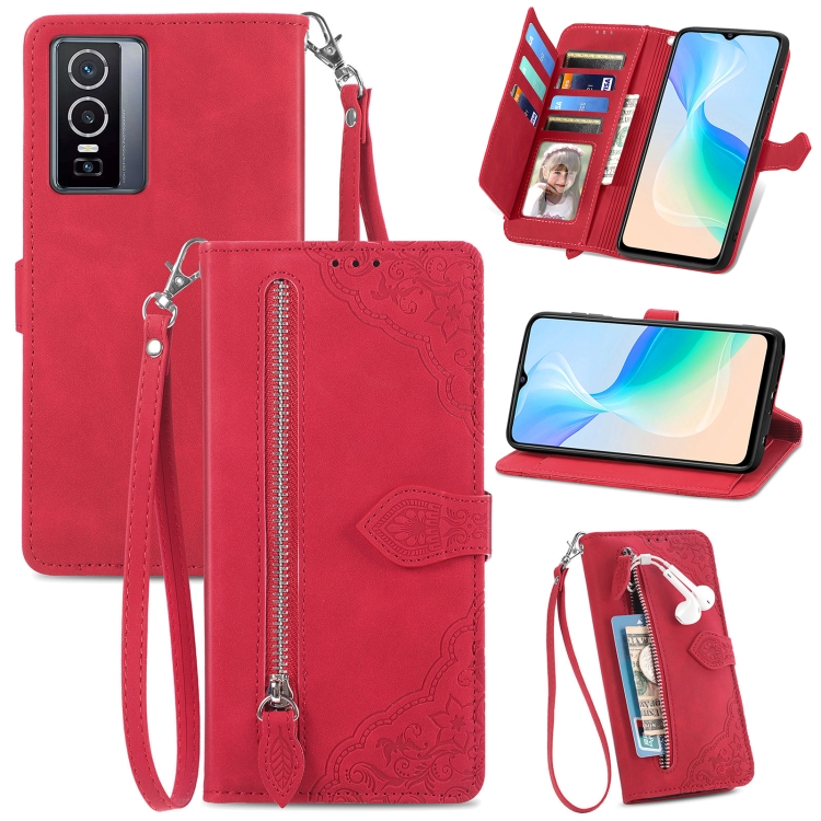 

For vivo Y76 5G Embossed Flower Zipper Leather Phone Case(Red)