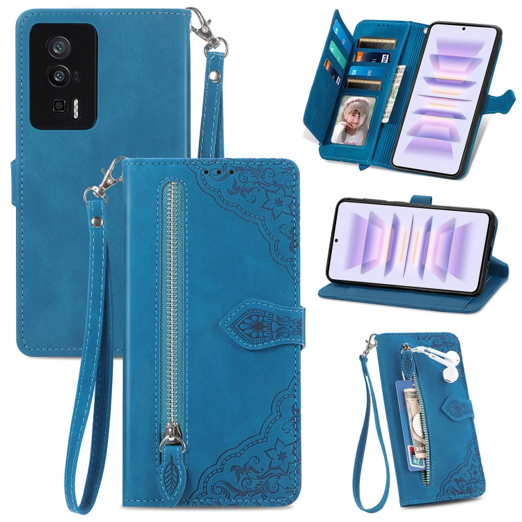 

For Xiaomi Redmi K60 Pro Embossed Flower Zipper Leather Phone Case(Blue)