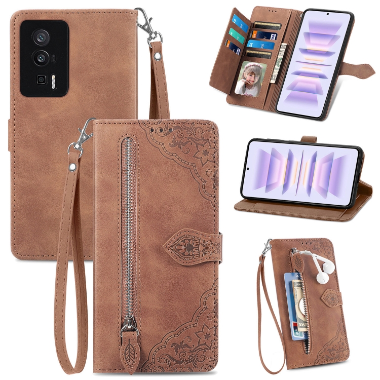 

For Xiaomi Redmi K60 Pro Embossed Flower Zipper Leather Phone Case(Brown)