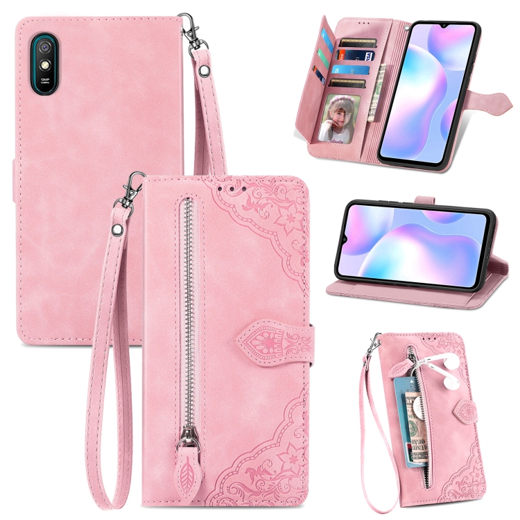 

For Xiaomi Redmi 9A Embossed Flower Zipper Leather Phone Case(Pink)